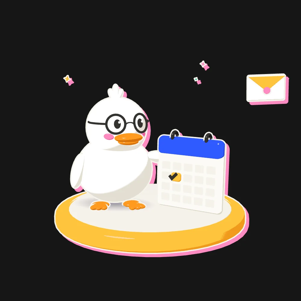 Illustration: a white duck in round glasses stands on a launch pad and puts on a piece of its suit for each topic you pick. When your request is sent, it launches.