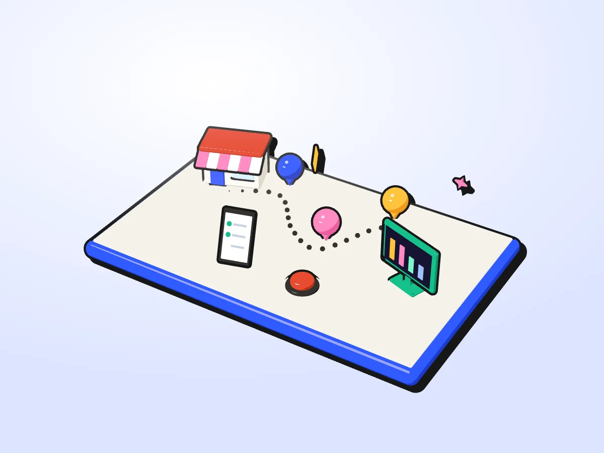 3D illustration: a toy shopfront on a map, pins along a visit route, a phone ticking off the visit, the red button where a person follows up, and a green screen with the managers' view.