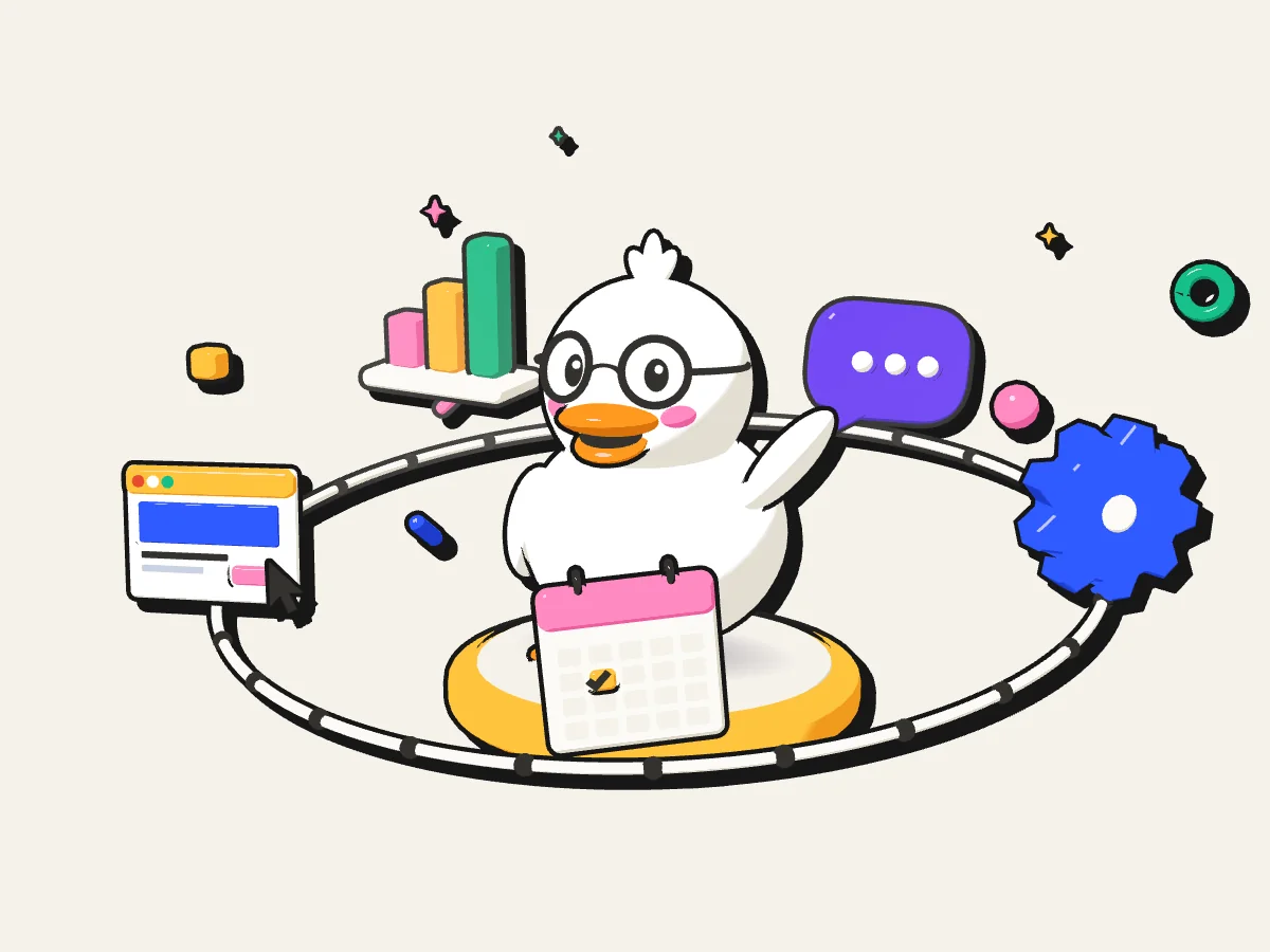 Illustration: a white duck in round glasses waves from a round stage while a gear, a chat bubble, a chart, a browser window and a calendar orbit around it.